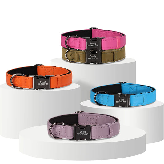 Personalized Dog Collar Custom Dog Name Buckle Collars Soft PU Leather Pet Collars Free Engraved Buckle For Small Medium Dogs