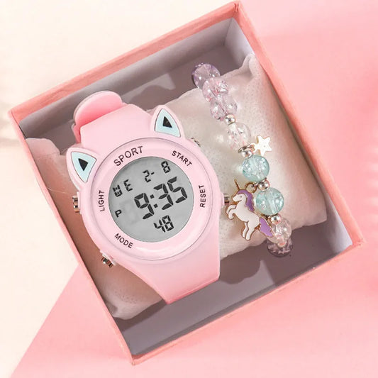 【Watch + Bracelet】Cat Ear Children's Silicone   Multi Functional Sports Electronic  Unicorn Bracelet Set - Qoraheyhub