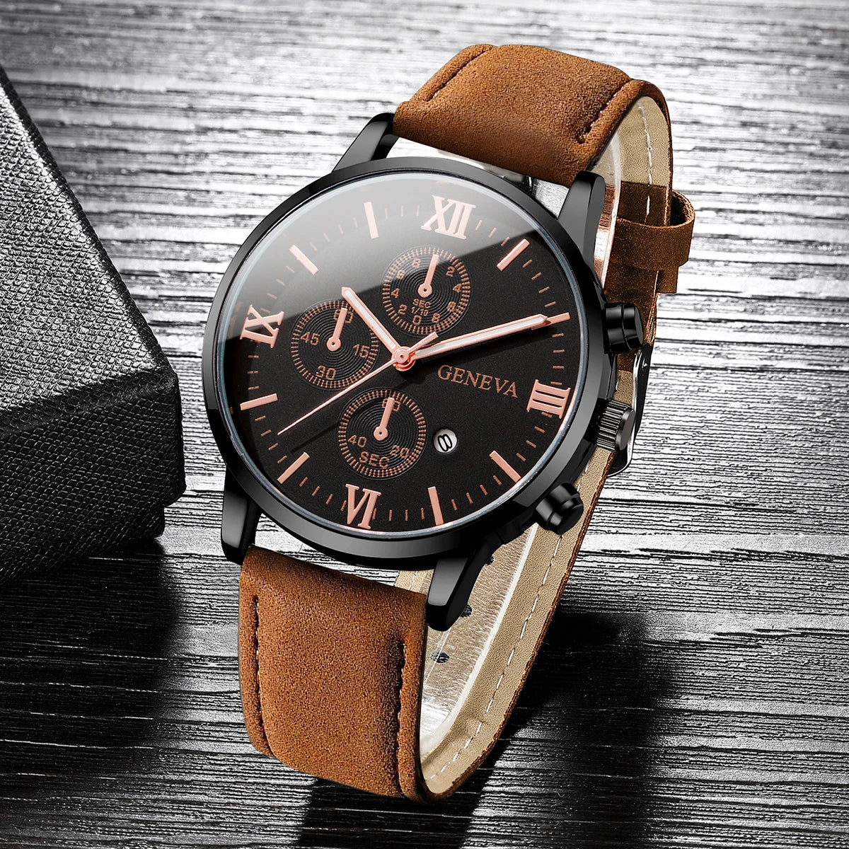 1/2PCs Men's Casual Calendar Watch Fashionable Men's Temperament Leather  Quartz Watch Unisex Watch Set(Box Not Included) - Qoraheyhub