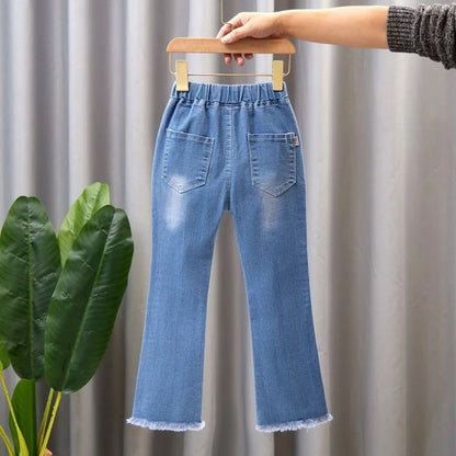 2024 New Autumn Elastic Kids Jeans Girls Cute Leisure Bow Denim Blue Children Flared Pants teenage Girl Clothes Trousers 3-12Y - Qoraheyhub