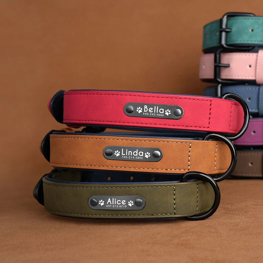 Free Custom Dog Collar Padded PU Leather Dogs Collars Engraved Pet ID Name Necklace Soft for Small Medium Large Dogs Pug Bulldog