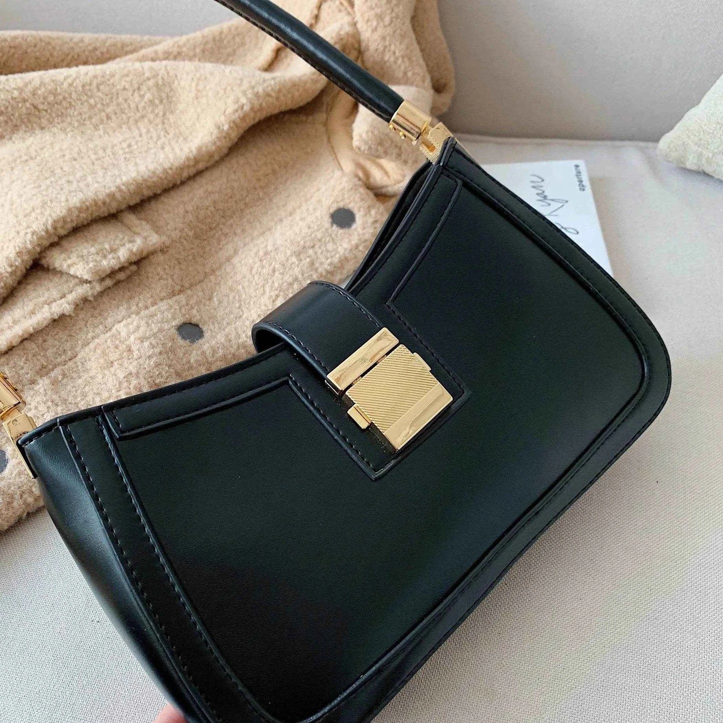 LEFTSIDE Shoulder Bags For Women Solid Color PU Leather 2025 Trend Lock Handbags Small Purse Hand Lady Designer Zipper Clutch