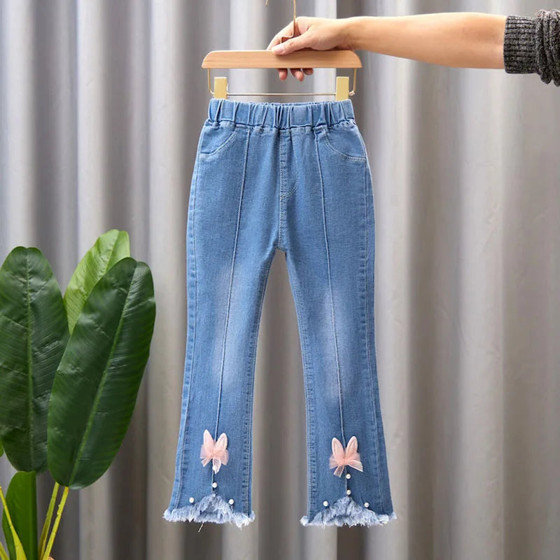 2024 New Autumn Elastic Kids Jeans Girls Cute Leisure Bow Denim Blue Children Flared Pants teenage Girl Clothes Trousers 3-12Y - Qoraheyhub