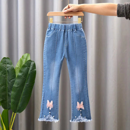 2024 New Autumn Elastic Kids Jeans Girls Cute Leisure Bow Denim Blue Children Flared Pants teenage Girl Clothes Trousers 3-12Y - Qoraheyhub