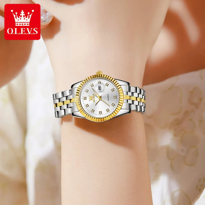 OLEVS 5526 Quartz Elegant Dress Wristwatch Luxury Stainless Steel Waterproof Watch For Women Date Display Original Woman Watches - Qoraheyhub