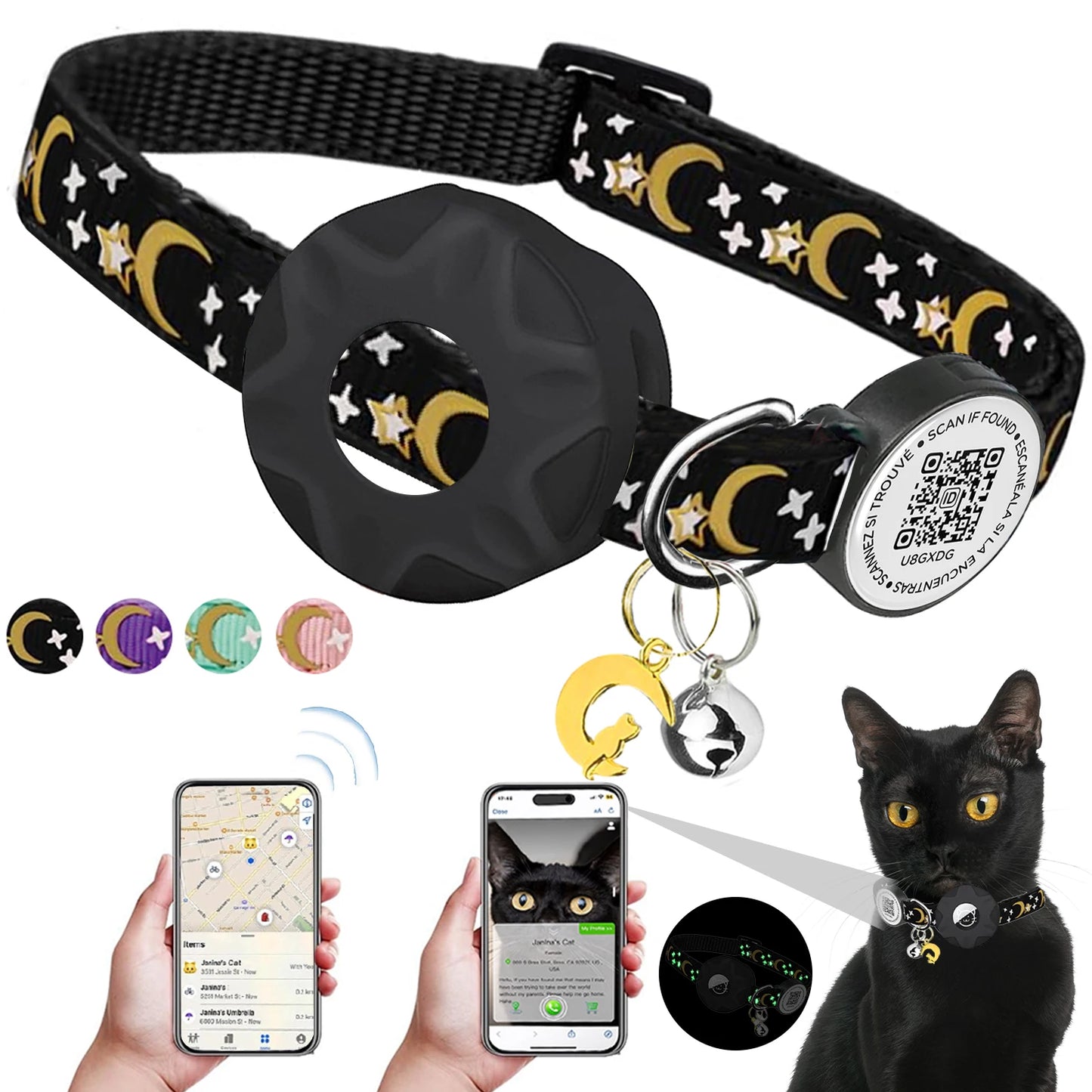 Luminous Airtag cat Collar with Smart Pet ID Tag for Apple Tag, AirTag Holder & Bell for Breakaway Kitten Collar Puppy Cats