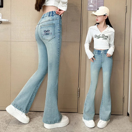 New Bow Embroidery Design Children Flared Jeans For Girls Fashion Street Denim Pants High Quality Kids Baby Trousers 5-14 Y - Qoraheyhub