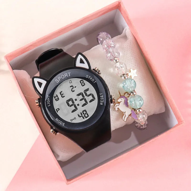 【Watch + Bracelet】Cat Ear Children's Silicone   Multi Functional Sports Electronic  Unicorn Bracelet Set - Qoraheyhub