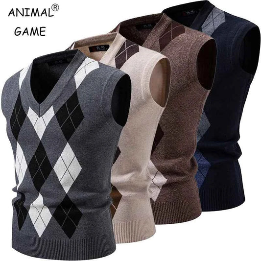 Qoraheyhub Mens Streetwear Knitted Tank Top - Argyle Style