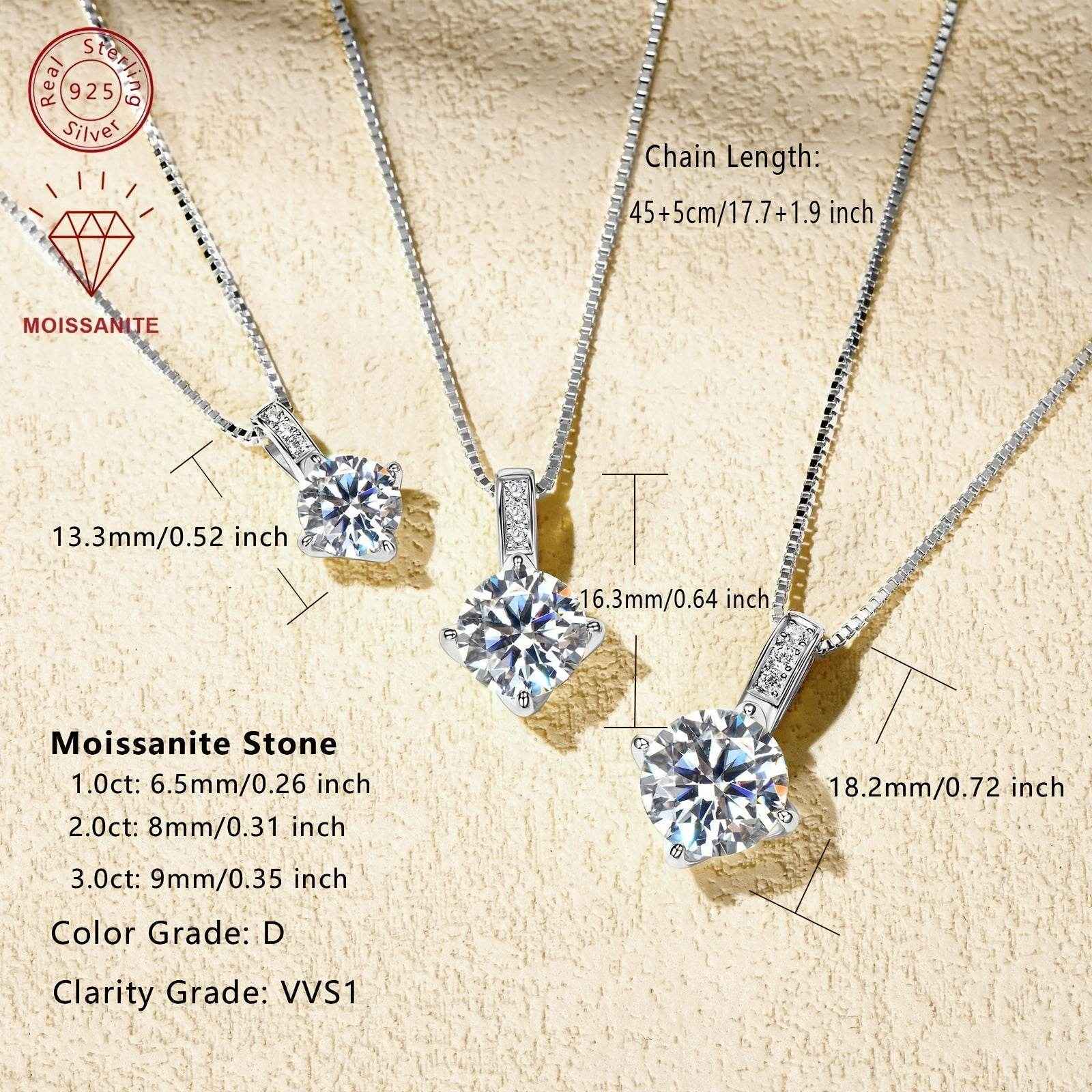 Elegant 1.0/2.0/3.0 Carat D Color Round Moissanite Pendant Necklace, 925 Sterling Silver with 14K Golden Plating, Adjustable Box Chain, April Birthstone, Synthetic Stone, Luxury Daily & Gift Jewelry, 0.8g
