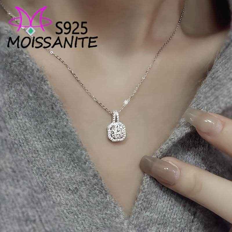 [Sterling Silvery Moissanite Necklace] 1 Carat/2 Carat Princess Square Moissanite Pendant Necklace, 925 Sterling Silvery - Suitable For Daily Holiday Party Date Vacation Wear, Birthday Anniversary Valentine's Day Carnival Eas
