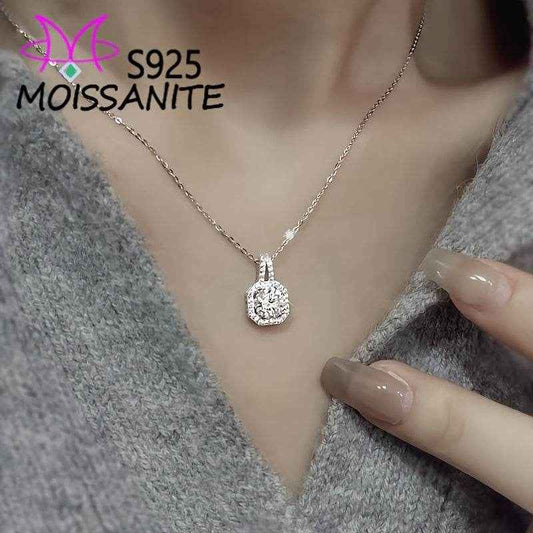 [Sterling Silvery Moissanite Necklace] 1 Carat/2 Carat Princess Square Moissanite Pendant Necklace, 925 Sterling Silvery - Suitable For Daily Holiday Party Date Vacation Wear, Birthday Anniversary Valentine's Day Carnival Eas