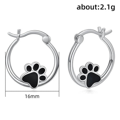 Silver cat claw hoop earrings with black paw charm 16mm diameter lightweight 2.1g