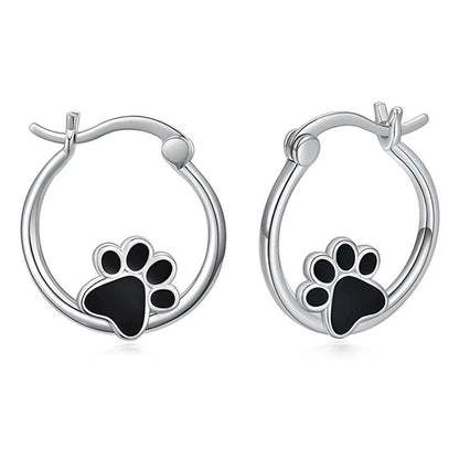Silver cat claw hoop earrings with black paw charm from Jewelrieshub