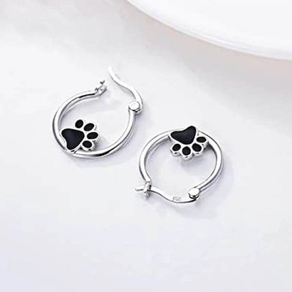 Silver cat claw hoop earrings with black paw print design by Jewelrieshub