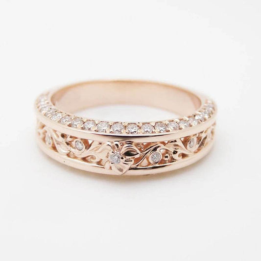 Chic rose gold party accessories floral patterned ring with embedded clear stones