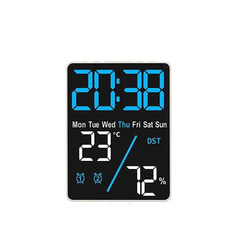 Qoraheyhub digital alarm clock with temperature and humidity display showing time date and settings