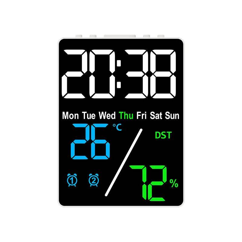 Qoraheyhub digital alarm clock with temperature and humidity display showing time date and dual alarms