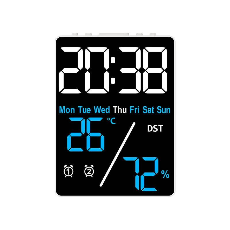 Qoraheyhub digital alarm clock with temperature and humidity display showing time date and alarm icons