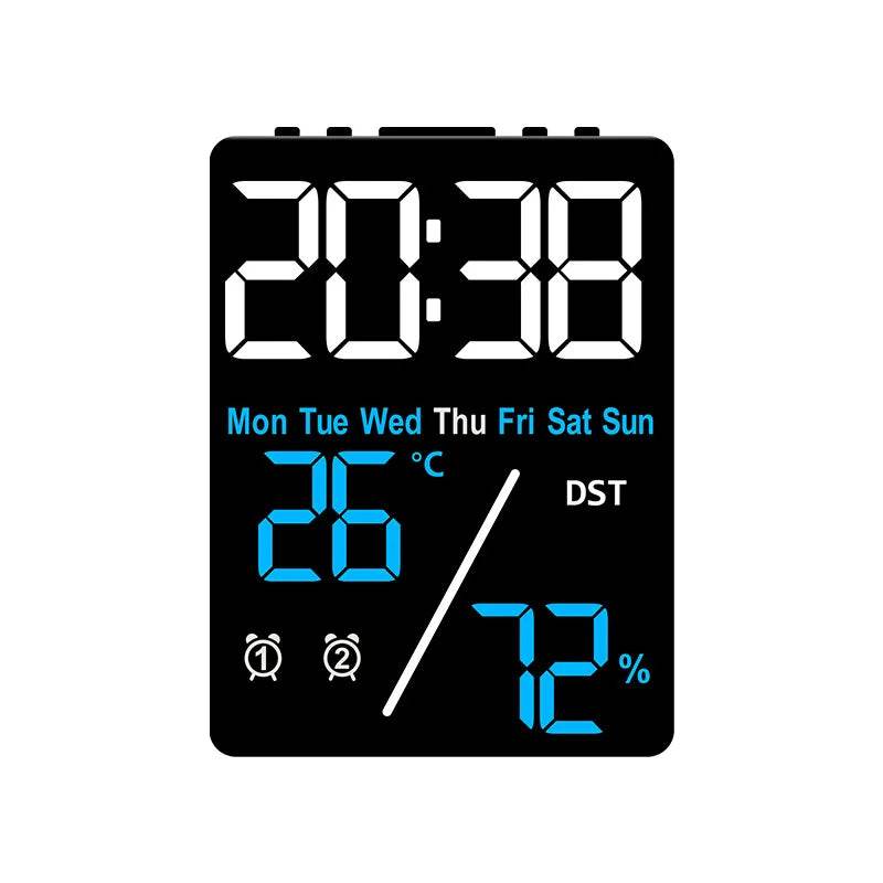 Qoraheyhub digital alarm clock with temperature and humidity display showing time indoor temperature and humidity levels
