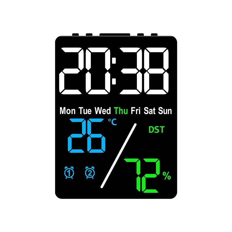 Qoraheyhub digital alarm clock with temperature and humidity display and day indicator