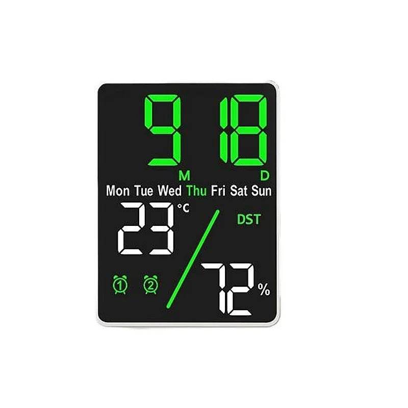 Qoraheyhub digital alarm clock with temperature and humidity display in green and white LED