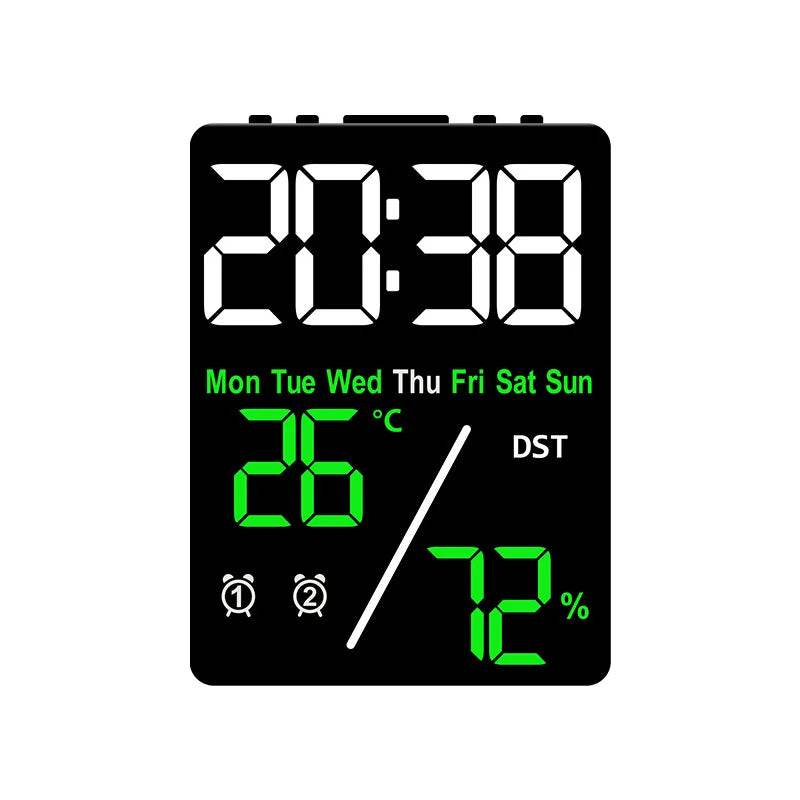 Digital alarm clock with temperature and humidity display showing time, date, temperature, and humidity levels