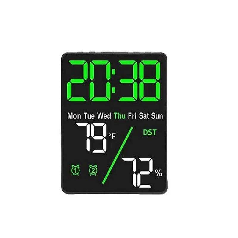 Qoraheyhub digital alarm clock with temperature and humidity display in green and white digits
