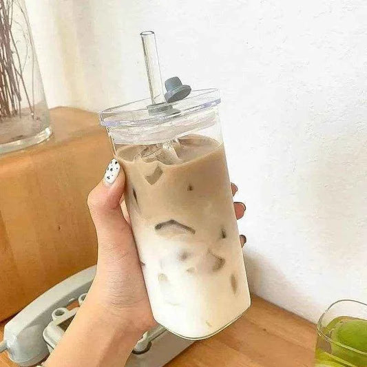 Qoraheyhub Heat Resistant Coffee Glass Cup with Lid & Straw