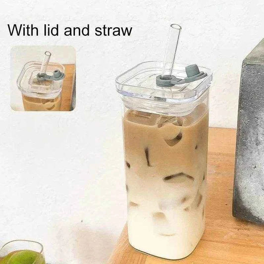 Qoraheyhub Heat Resistant Coffee Glass Cup with Lid & Straw