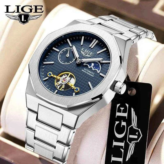 LIGE Luxury Tourbillon Watches for Men - Silver Steel