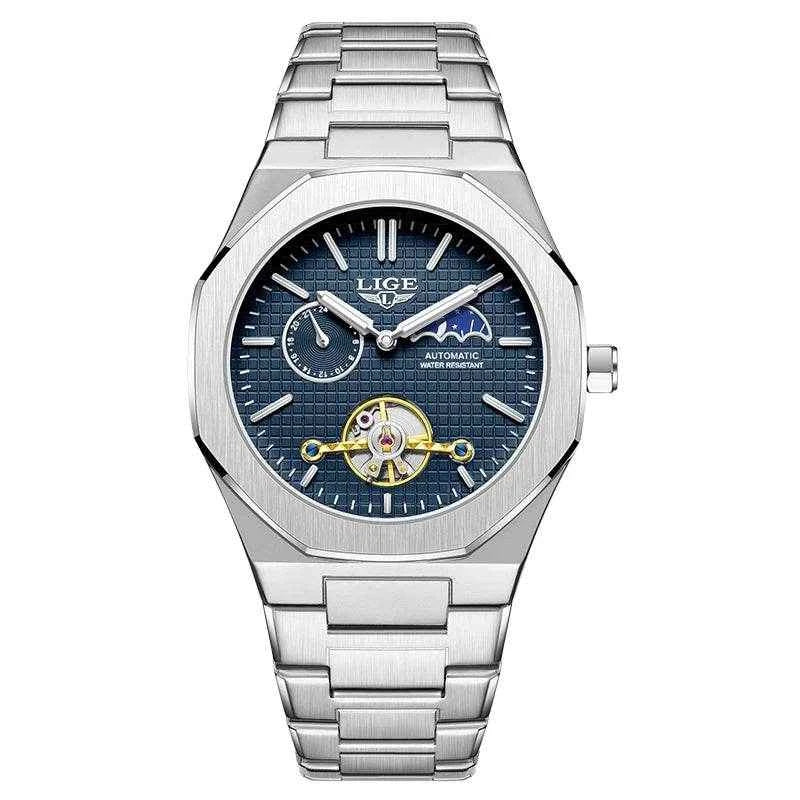 LIGE Luxury Tourbillon Watches for Men - Silver Steel