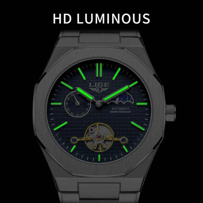 LIGE Luxury Tourbillon Watches for Men - Silver Steel