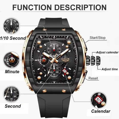 LIGE Waterproof Silicone Strap Men's Watch Stylish Chronograph