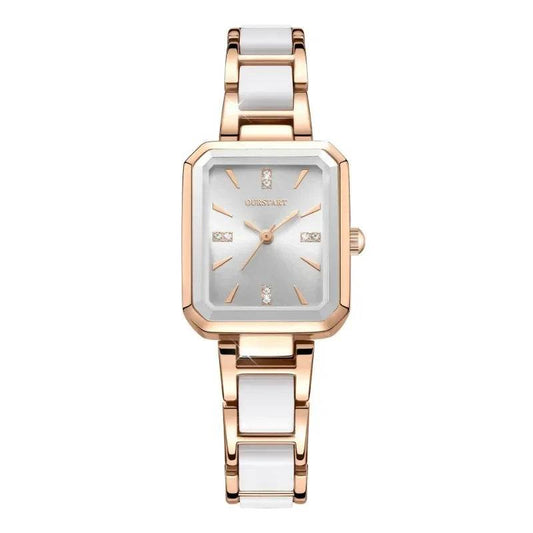 Qoraheyhub luxury women square dial watch with rose gold and white two-tone bracelet
