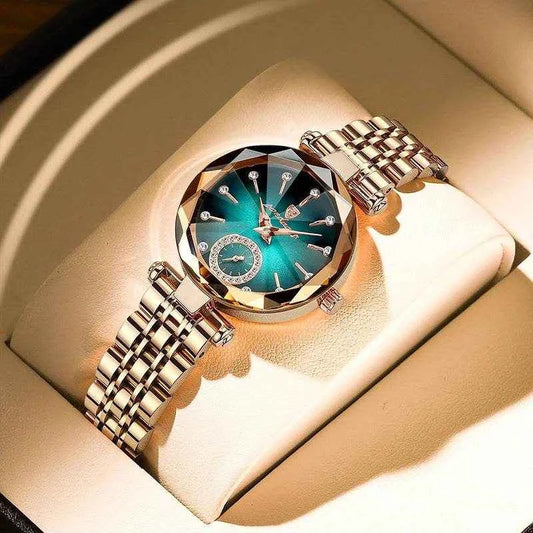 Qoraheyhub Rose Gold Mesh Bracelet Watch with Green Dial