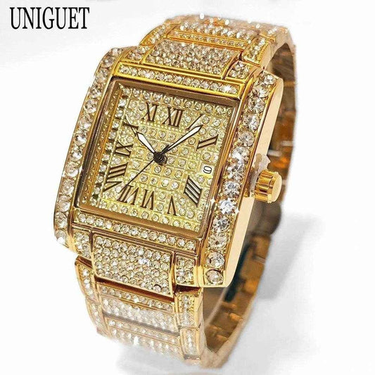 Qoraheyhub Luxury Gold Iced Out Watch for Men Stylish